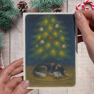 Biglietto di Natale fai da te con Husky – Simpatico cane addormentato sotto l'albero / Biglietto di auguri per le feste / Biglietto di Natale stampabile per gli amanti degli animali / Cane acquerello