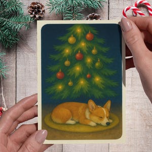 Watercolor Corgi Christmas Card: Sleeping Dog Holiday Greeting (PDF Downloadable File)
