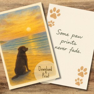 Könnte beinhalten: Zwei Karten mit Hundemotiv. Eine Karte zeigt einen braunen Hund, der an einem Strand sitzt, mit einem Sonnenuntergang im Hintergrund. Die andere Karte hat Pfotenabdrücke und den Text "Some paw prints never fade."