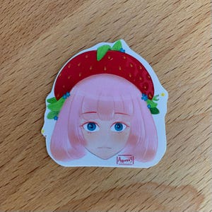 Lot de 5 stickers kawaii – Fille aux cheveux roses & chapeau fraise – Autocollants mignons déco bullet journal