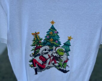 Jack & The Grinch Christmas T-Shirt – Size Small – Holiday Movie Mashup Tee – White Graphic Tee