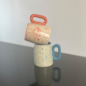 Color Splash Mug Set - Modern Stoneware Mug Duo - Blue and Orange Speckled Ceramic Cups for Gift or Daily Use - Colorful Splatter Design