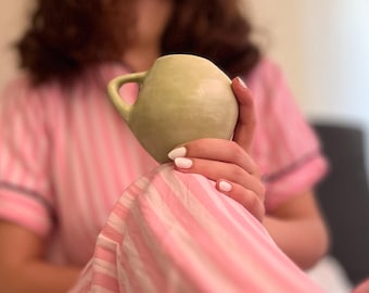 Handmade Green Ceramic Matcha Mug: Rustic Stoneware Tea Cup