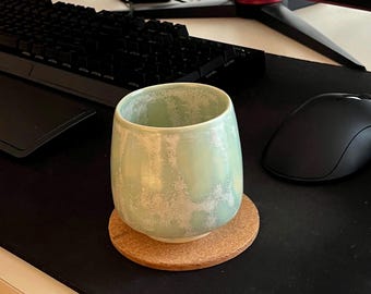 Handmade Green Stoneware Coffee Mug: Handleless Ceramic Cup, 9.2 oz