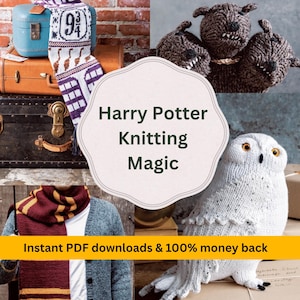 Op de afbeelding: Een promotieafbeelding met breipatronen met het thema Harry Potter. Het bevat gebreide sjaals, een uil en hondenfiguren. De tekst "Harry Potter Knitting Magic" wordt weergegeven, samen met de zin "Instant PDF downloads & 100% money back".
