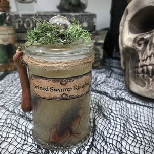 May include: A clear glass jar filled with a cloudy liquid and a dark insect, labeled Brined Swamp Roaches. The lid is topped with green moss and wrapped in twine, featuring a small brown handle attached to the side of the glass container.