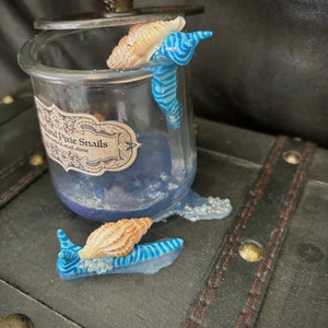 May include: A glass jar with a decorative lid, containing blue liquid and small, clear beads. The jar is adorned with a label that reads "Island Pixie Snails." Two decorative snails with blue and white striped bodies and seashell shells are featured.