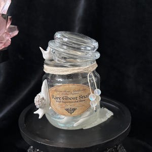 May include: A clear glass jar with a lid, wrapped in twine with three small translucent beads. The label reads Golden Toad Apothecary, London, England, Rare Ghost Snail With Supernatural Slime, Est. 1877. A white shell is attached to the side.