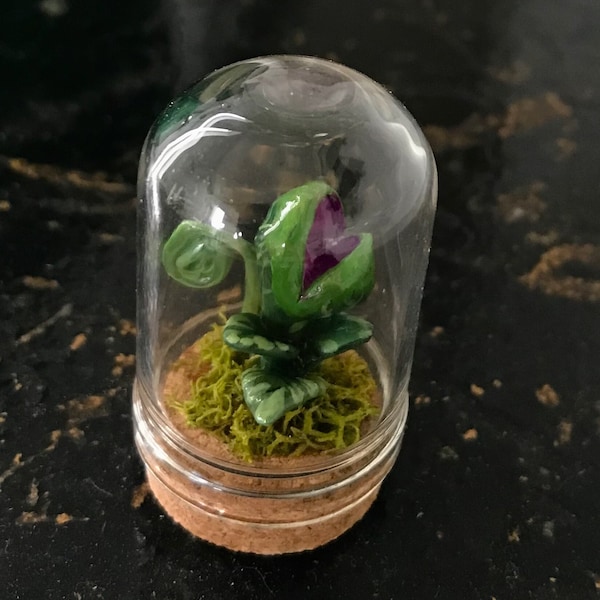 Micro Hand Sculpted Tiny Monster Plant / Bell Jar with Sculpted Pet Plant / Specimen / Cute Tiny Plant / Audrey Plant