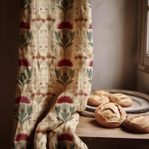Burgundy Floral Linen Curtain Panel: Vintage Botanical Print, Cream Backdrop