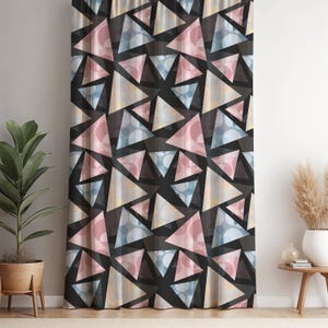 Geometric Curtain Modern Drapes Abstract Window Panel Pink Blue Black Pattern Mid Century Boho Triangle Print