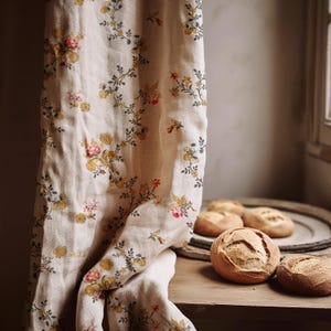 Linen Curtain Panel – Beige Botanical Vine with Yellow and Red Flowers, Vintage Floral Window Treatment for Living Room or Kitchen