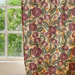 Linen Curtain Floral Print Vintage Botanical Drape Retro Window Decor Maroon Gold Green Patterned Home Panel