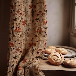 Vintage Botanical Linen Curtain: Rustic Floral Farmhouse Drape
