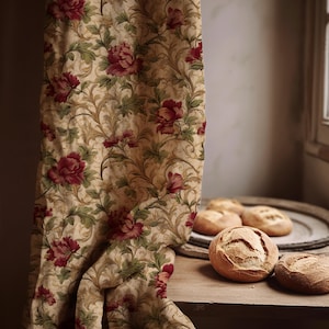 Floral Linen Curtain Vintage Red Botanical Drapes Beige Cottagecore Shabby Chic Elegant Classic Window Panels