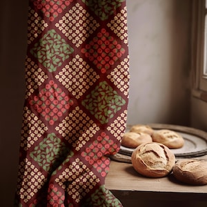 Retro Floral Patchwork Linen Curtain: Burgundy & Green Cottage Decor Panel
