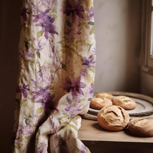 Linen Floral Curtain – Purple Watercolor Style Flowers on Cream Panel for Romantic Cottage or Vintage Decor