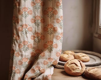 Floral Linen Curtain Panel - Burnt Orange Botanical Print
