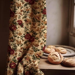 Linen Curtain with Vintage Autumn Floral Pattern – Warm Botanical Drapes for Cottage or Rustic Home Decor