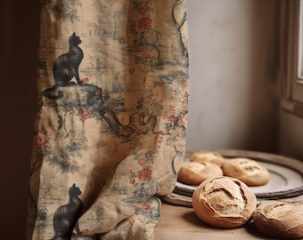 Rideau en lin toile de chat noir - panneau floral vintage, tenture de fenêtre style cottage gothique