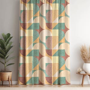Retro Curtain Bold Geometric Pattern Midcentury Modern Colorful Drape Vintage Window Panel Eclectic Living Room Decor