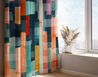 Abstract Geometric Color Block Curtain Panel: Modern Window Drape