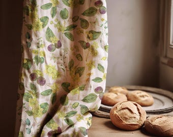Botanical Linen Curtain Panel – Green Leaf & Floral Watercolor
