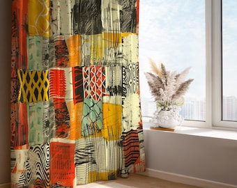 Abstract Patchwork Curtain Panel: Boho Geometric Window Drape