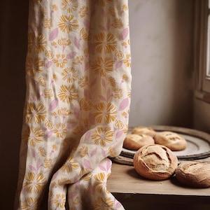 Mustard & Pink Daisy Linen Curtain Panel - Boho Floral Drapery