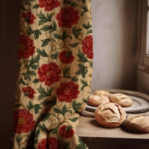 Red Peony Floral Print Linen Curtain - Botanical Window Treatment