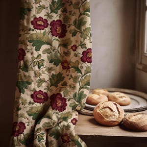 Linen Curtain Floral Panel Vintage Botanical Drape Red Flower Print Elegant Heritage Style Green Red Decor Dining Room Linen Home Decor