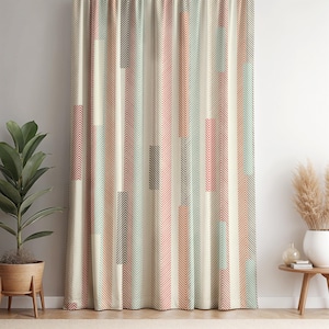 Chevron Stripe Modern Curtain - Colorful Pastel Drapery, Boho Panel with Rust Accents, Geometric Striped Window Treatment for Eclectic Home