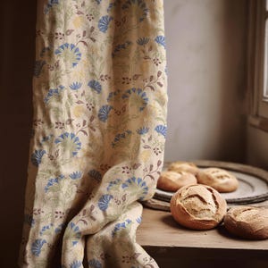 Blue Floral Linen Curtain Panel – Vintage Style Botanical Drapery with Wildflowers on Beige Fabric – Country Cottage Window Treatment