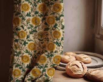 Geel linnen gordijnpaneel met bloemen - Botanische draperie in William Morris-stijl