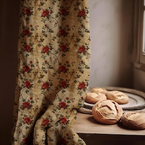Linen Curtain Vintage Rose Print Floral Window Panel Red Flower Romantic Drape Shabby Chic Cottage Decor