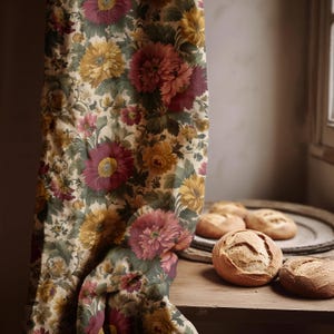 Vintage Floral Linen Curtain: Red & Yellow Botanical Print, Grandmillennial Style