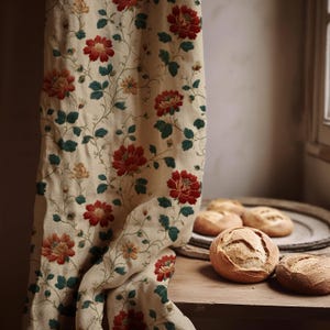 Vintage Floral Linen Curtain Panel - Cottagecore Drapes in Red, Green, Beige - Rustic Botanical Window Treatment