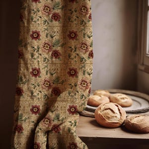 Vintage Floral Linen Curtain – Beige Botanical Drapery with Red Blooms for Cottage or Traditional Decor