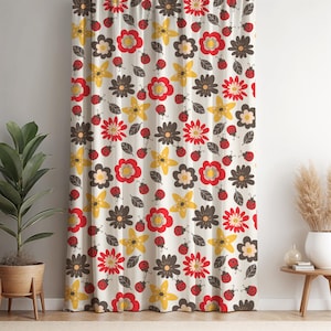 Cortina floral con estampado de mariquitas: decoración infantil colorida, cortina divertida para habitación infantil, flores rojas y amarillas brillantes, panel de dibujos animados caprichosos