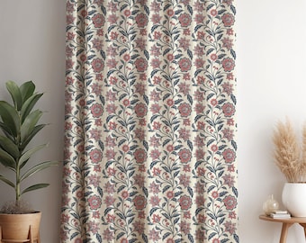 Floral Curtain Panel: Red & Blue Botanical Drapery, Vintage Style