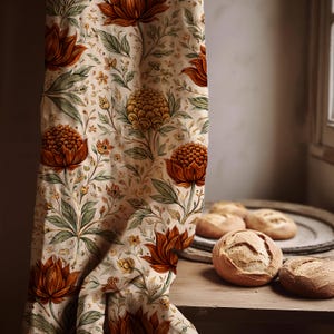Gebloemd linnen gordijnpaneel – mosterdbotanische William Morris-stijl