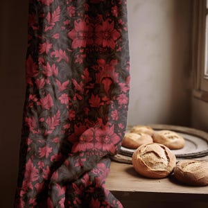 Linen Curtain with Vintage Red Floral Pattern – Dark Botanical Drapery Panel for Elegant Living Room or Bedroom