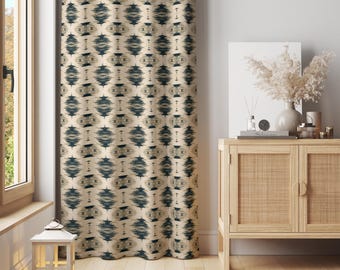 Southwestern Geometric Curtain – Beige Panel with Blue Diamond Tribal Motif