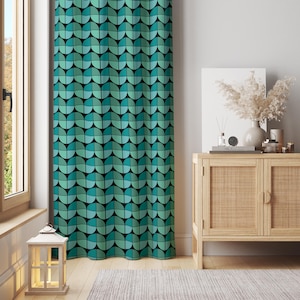 Teal Geometric Curtain: Modern Abstract Cotton-Blend Window Panel