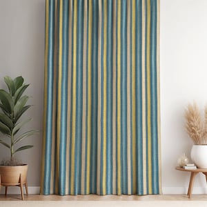 Striped Curtain Boho Drapes - Colorful Blue Yellow Vertical Stripes, Rustic Farmhouse Living Room Panels, Natural Fabric Summer Window Decor