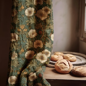 William Morris Style Linen Curtain: Dark Cottagecore Floral Window Panel