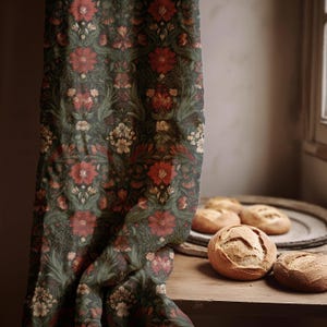 Dark Floral Linen Curtain: Vintage Botanical Gothic Decor - Single Panel