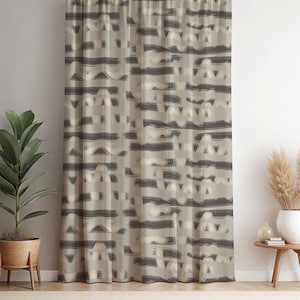 Abstract Brushstroke Curtain Panel: Beige & Black Minimalist Decor