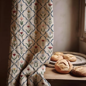 Cortina de lino con estampado de tulipanes folclóricos / Cortina de ventana estilo boho multicolor