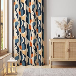 Retro Geometric Curtain Panel: Beige, Blue & Orange Abstract Drapes